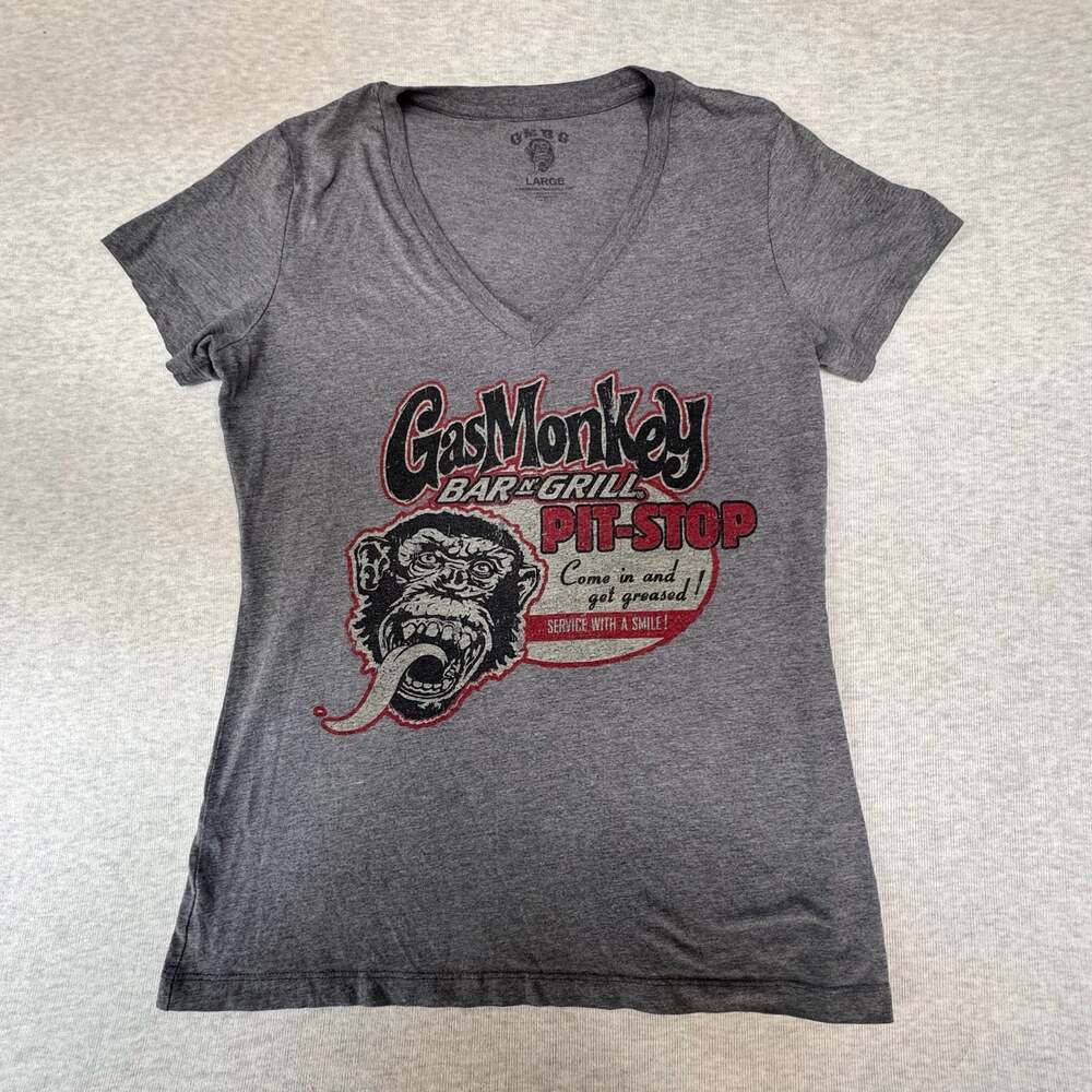 GMBG Gas Monkey Bar N Grill Pit Stop V-Neck T-Shirt Gray Large